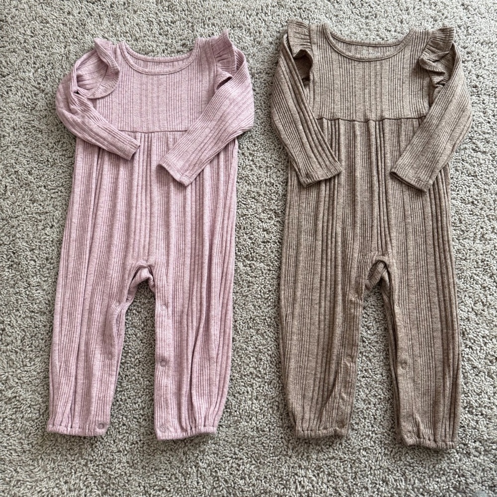 Ribbed Long Sleeve Ruffle Baby Romper - Pink & Taupe